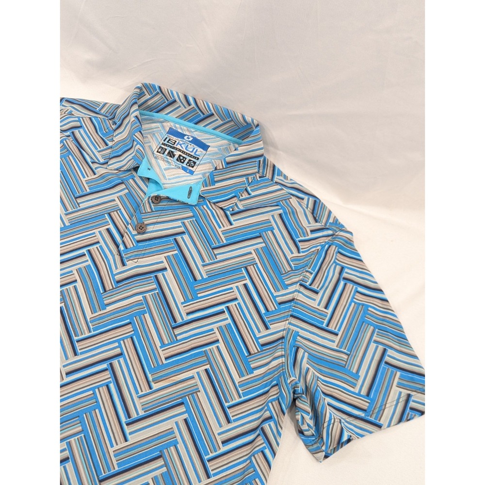 IBKUL Polo Shirt Mens‎ Large Blue Gray Abstract Print UPF 50+ Golf Cooling